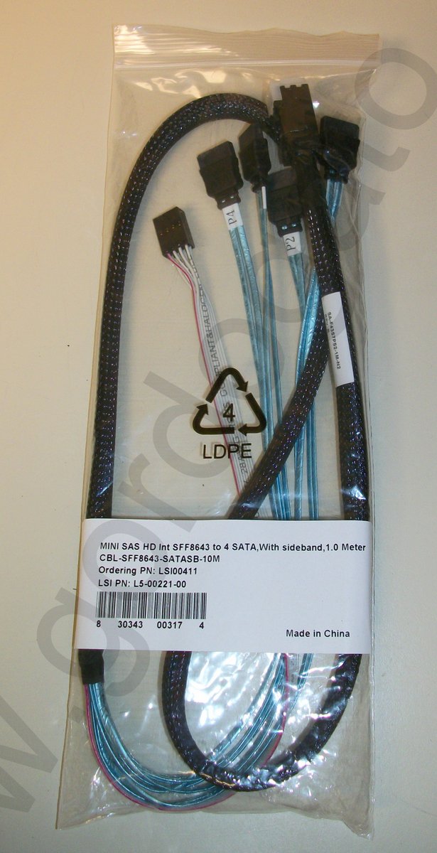 LSI00411 Mini SAS HD SFF8643 4 x SATA Breakout Cable w/ Sideband 1M, 3' LSI