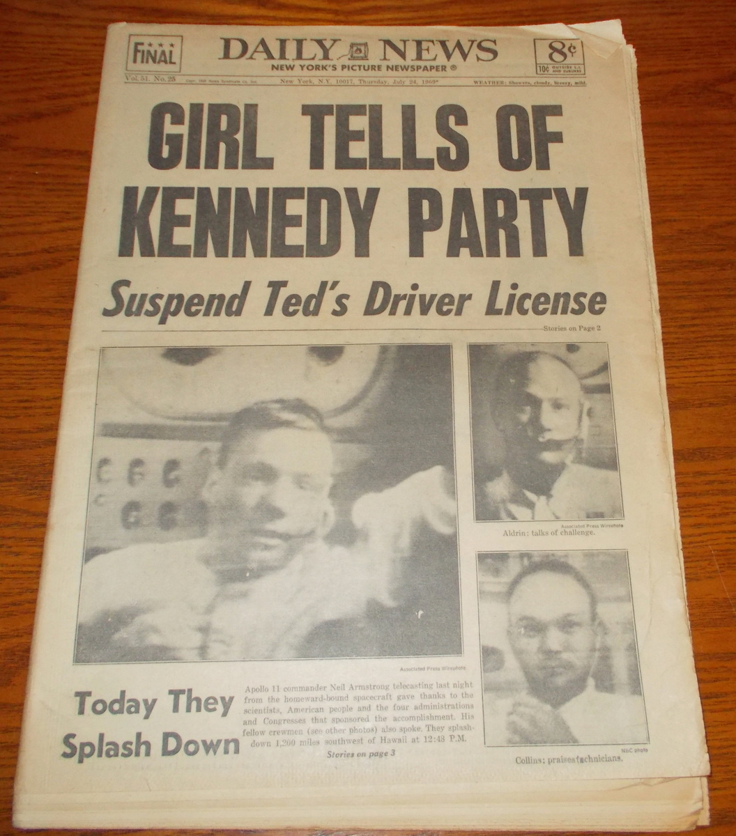 New York Daily News Thursday July 24, 1969 Apollo 11 Splashdown Ted Kennedy