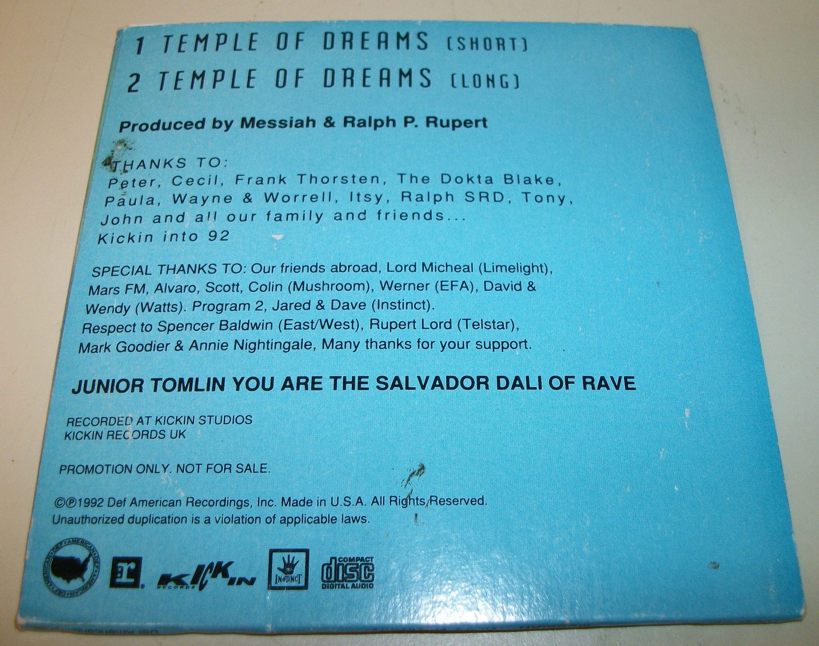 Messiah Temple of Dreams Promotional 2 Track Single CD 1992 Def American - Image 3