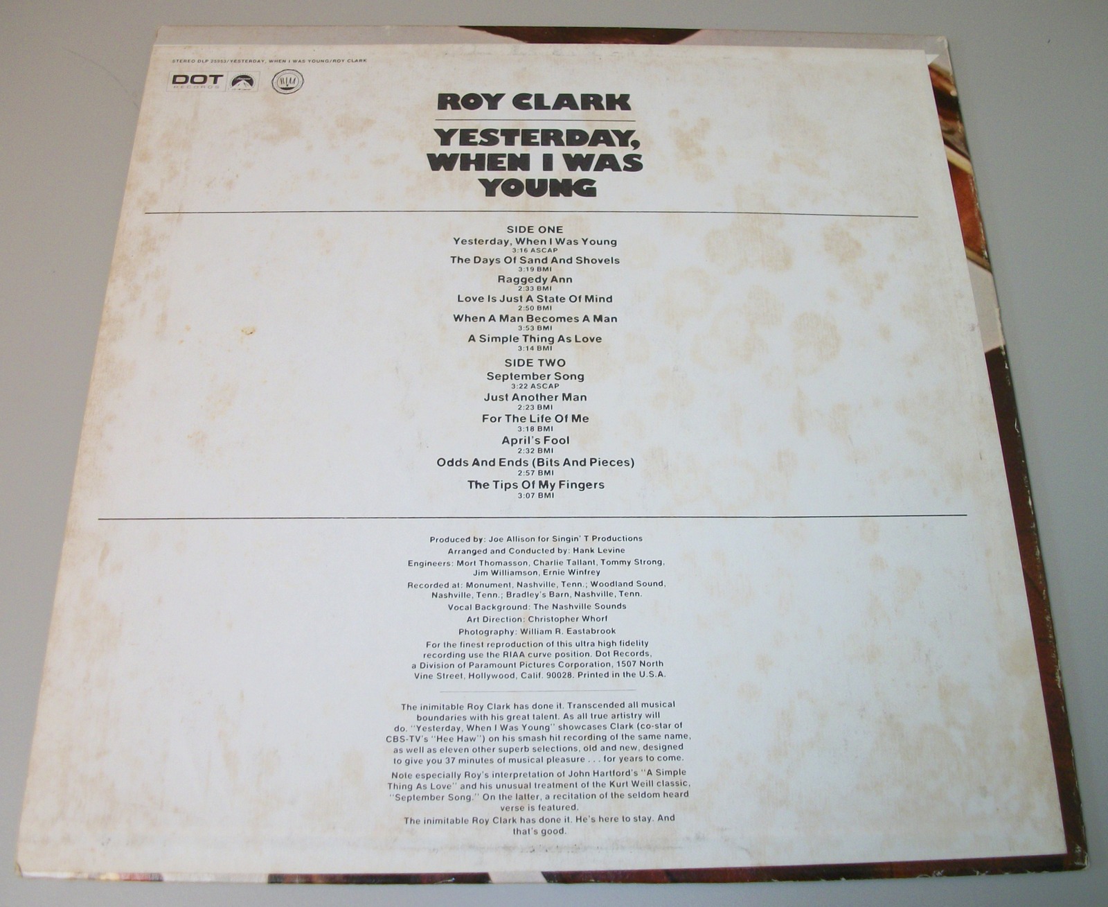 Roy Clark Yesterday When I Was Young 33 1/3 RPM Vinyl 12" Record DOT DLP 25953 - Image 2