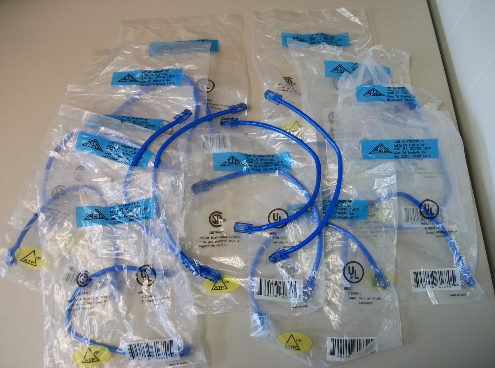 Lot of 15 New Allen Tel 1ft Cat 5e Blue Network TP Patch Cable Cord AT1501EV-BU