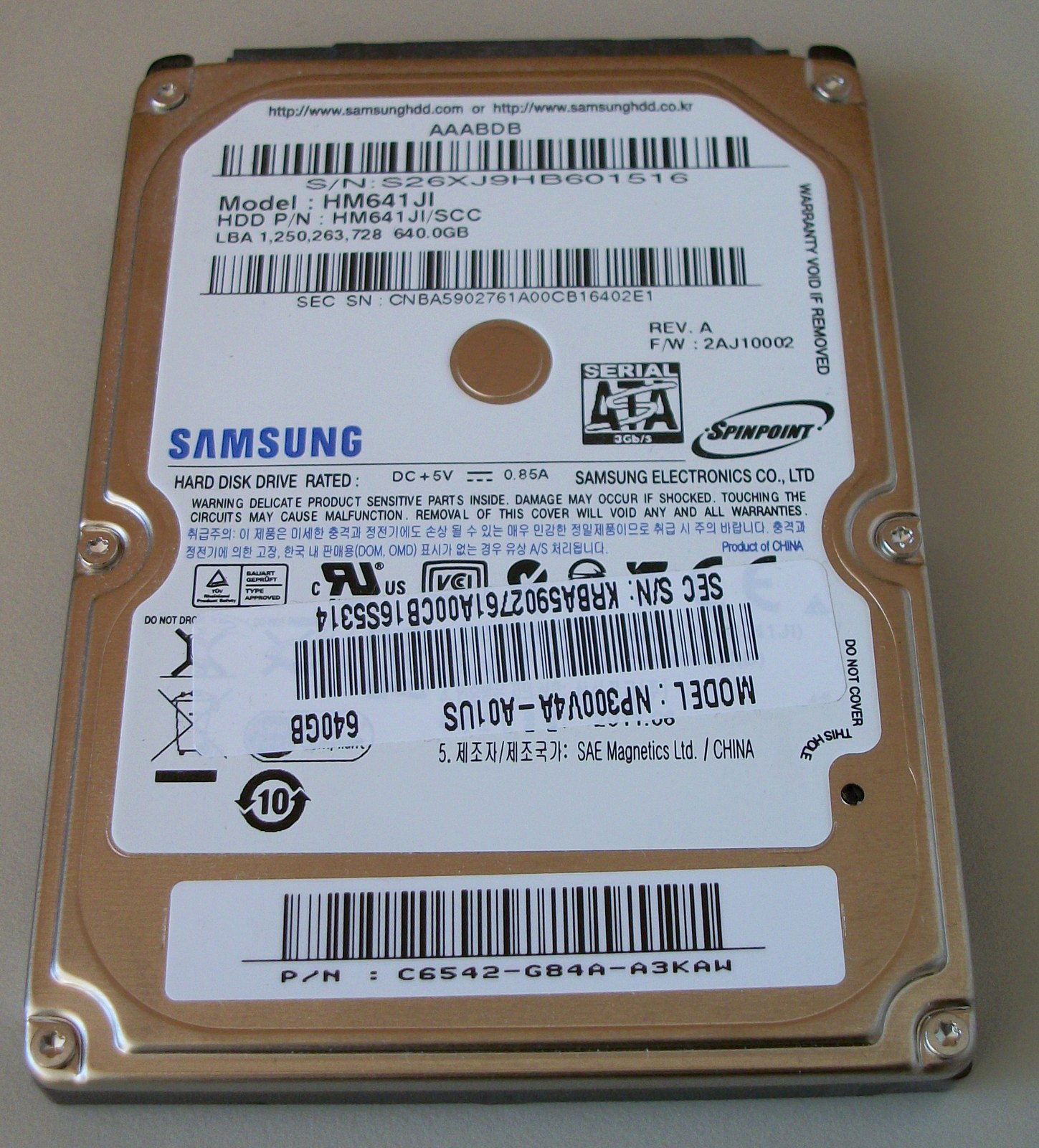 Samsung 640GB Laptop 9mm 2.5" SATA Hard Disk Drive HDD HM641JI NP300V4A