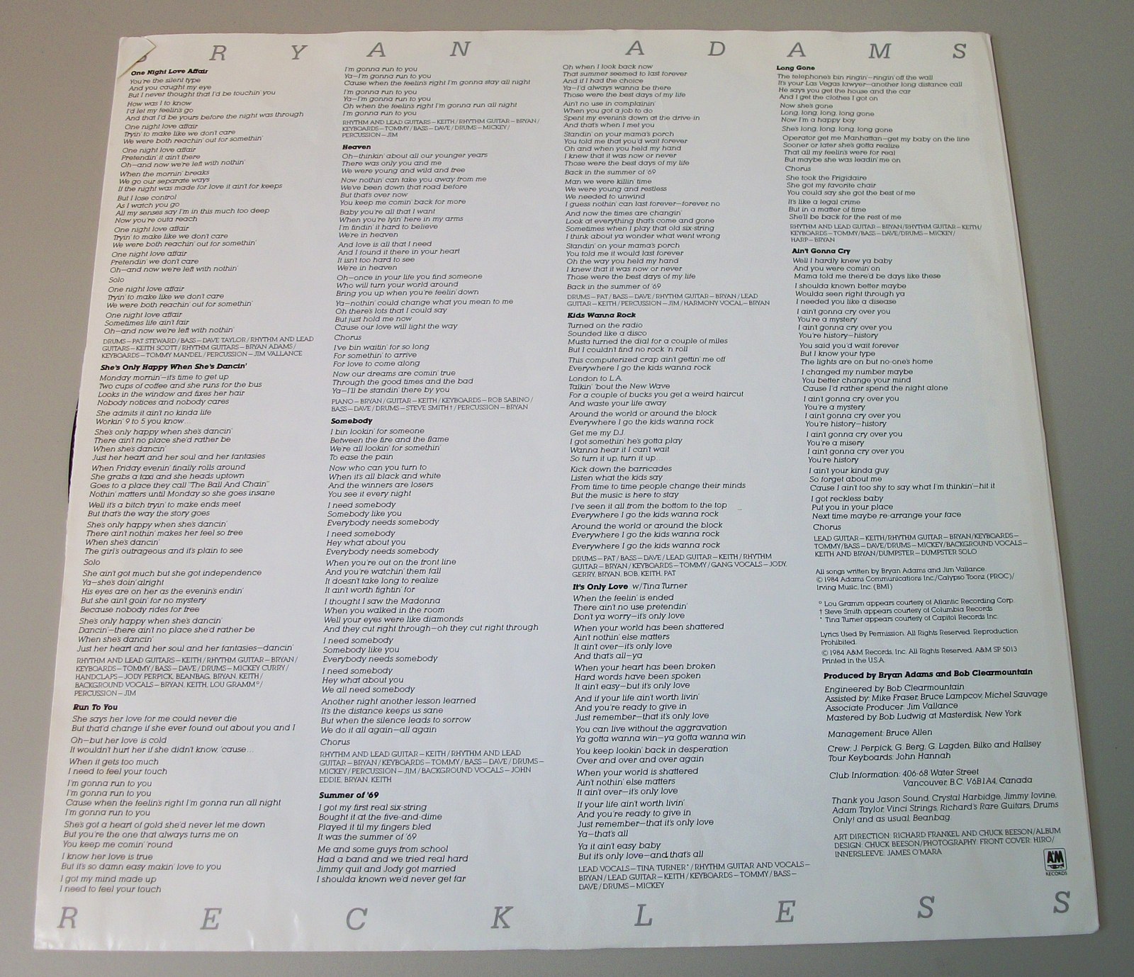 Bryan Adams Reckless Rock Music 33 1/3 RPM Vinyl 12" Record A&M SP 5013 1984 - Image 6