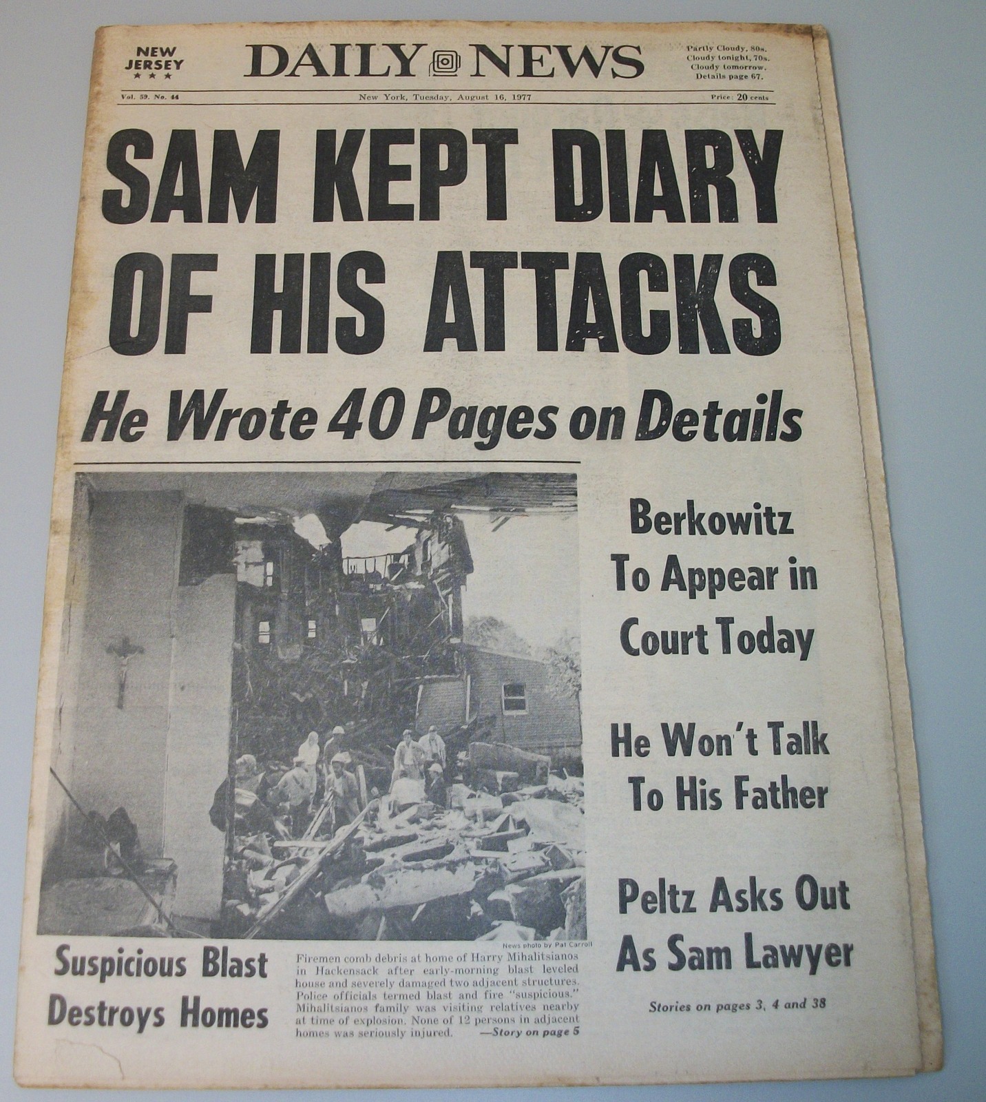 New York Daily News 16 August 1977 Son of Sam David Berkowitz Diary Attacks Pele