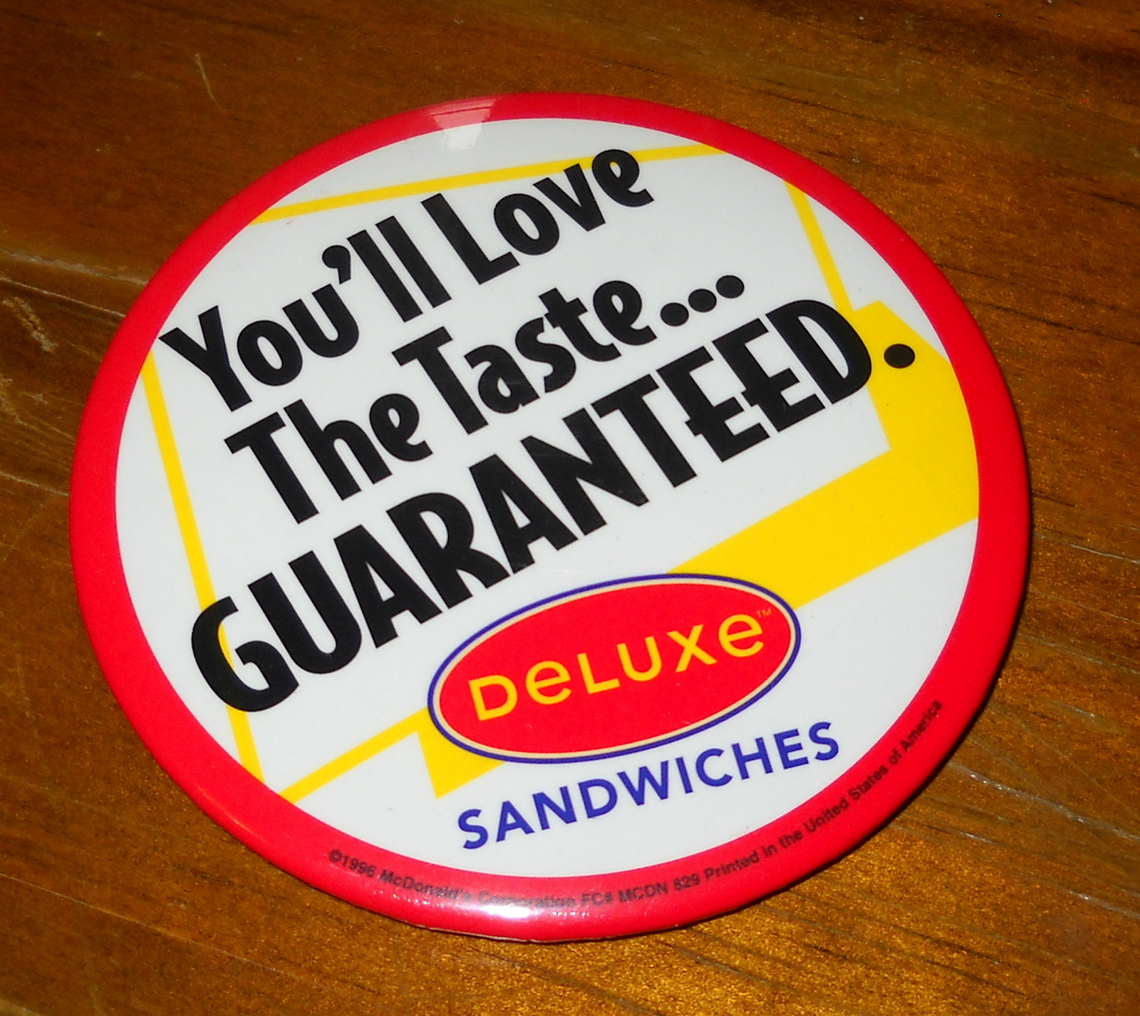 McDonalds McDonald's Deluxe Sandwiches 3" Inch Metal Pin Button Badge 1996 USA