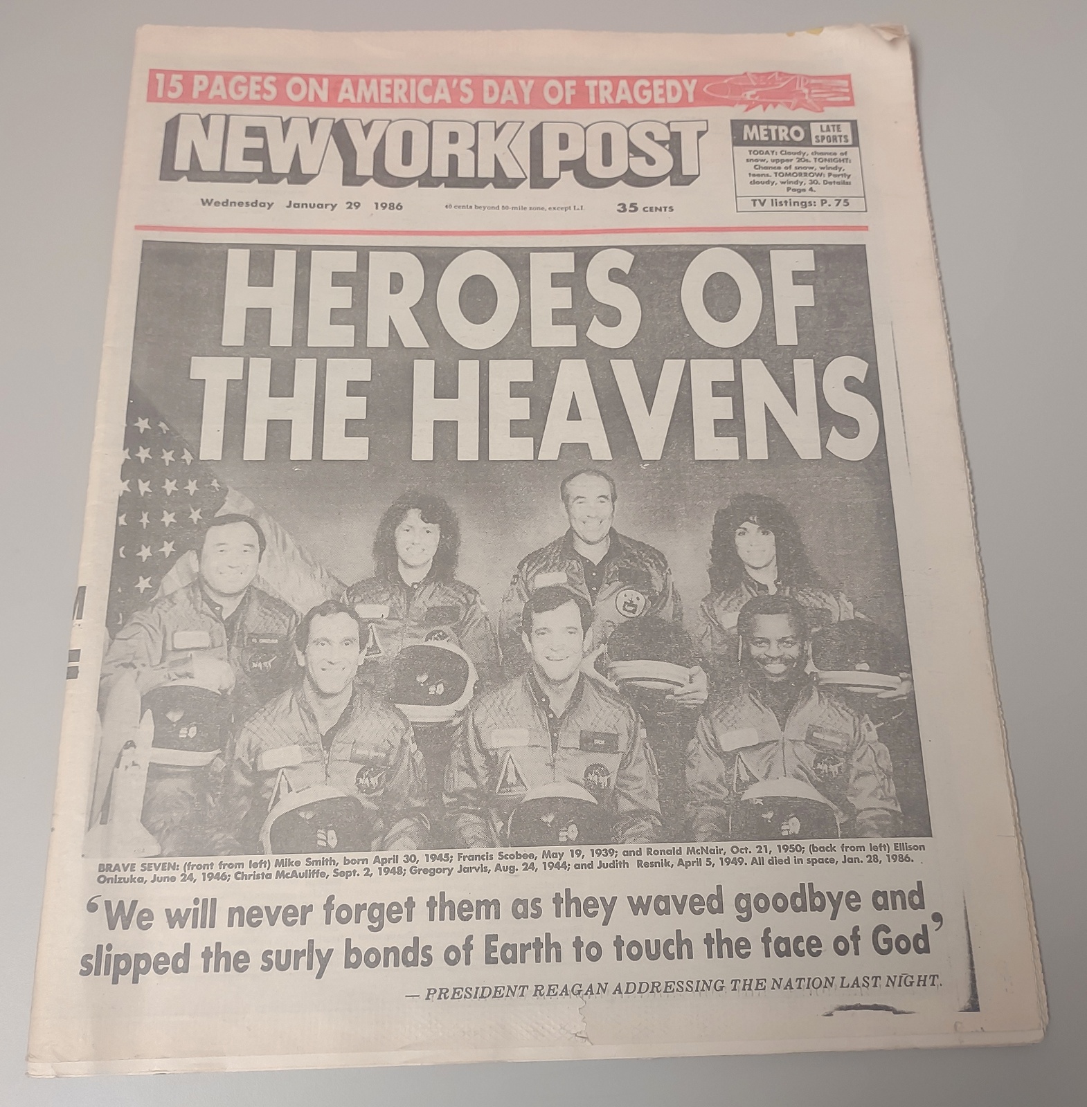 New York Post 29 January 1986 Space Shuttle Challenger Disaster McAuliffe Resnik