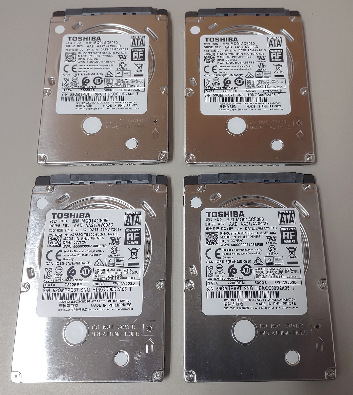 Lot of 4 500GB Notebook Laptop 2.5" SATA Hard Disk Drives Toshiba MQ01ACF050