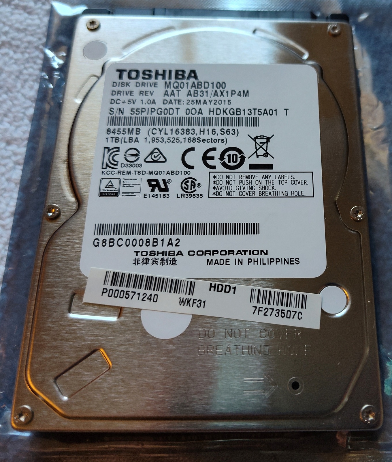 Toshiba 1000GB 1TB Laptop 9mm 2.5" SATA Hard Disk Drive MQ01ABD100 25 May 2015