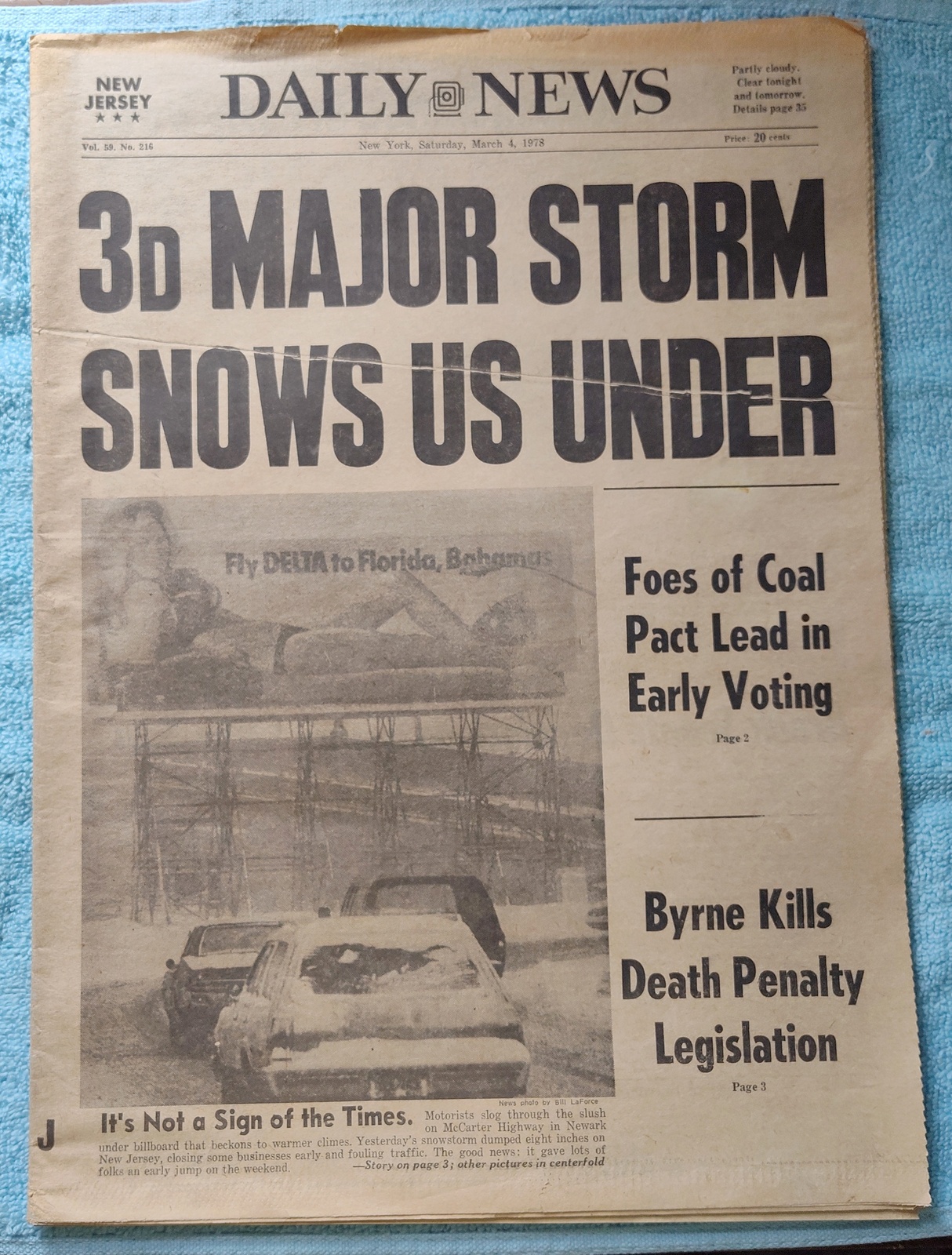 New York Daily News 4 March 1978 3rd Major Snowstorm, Ted Williams Don Gullett