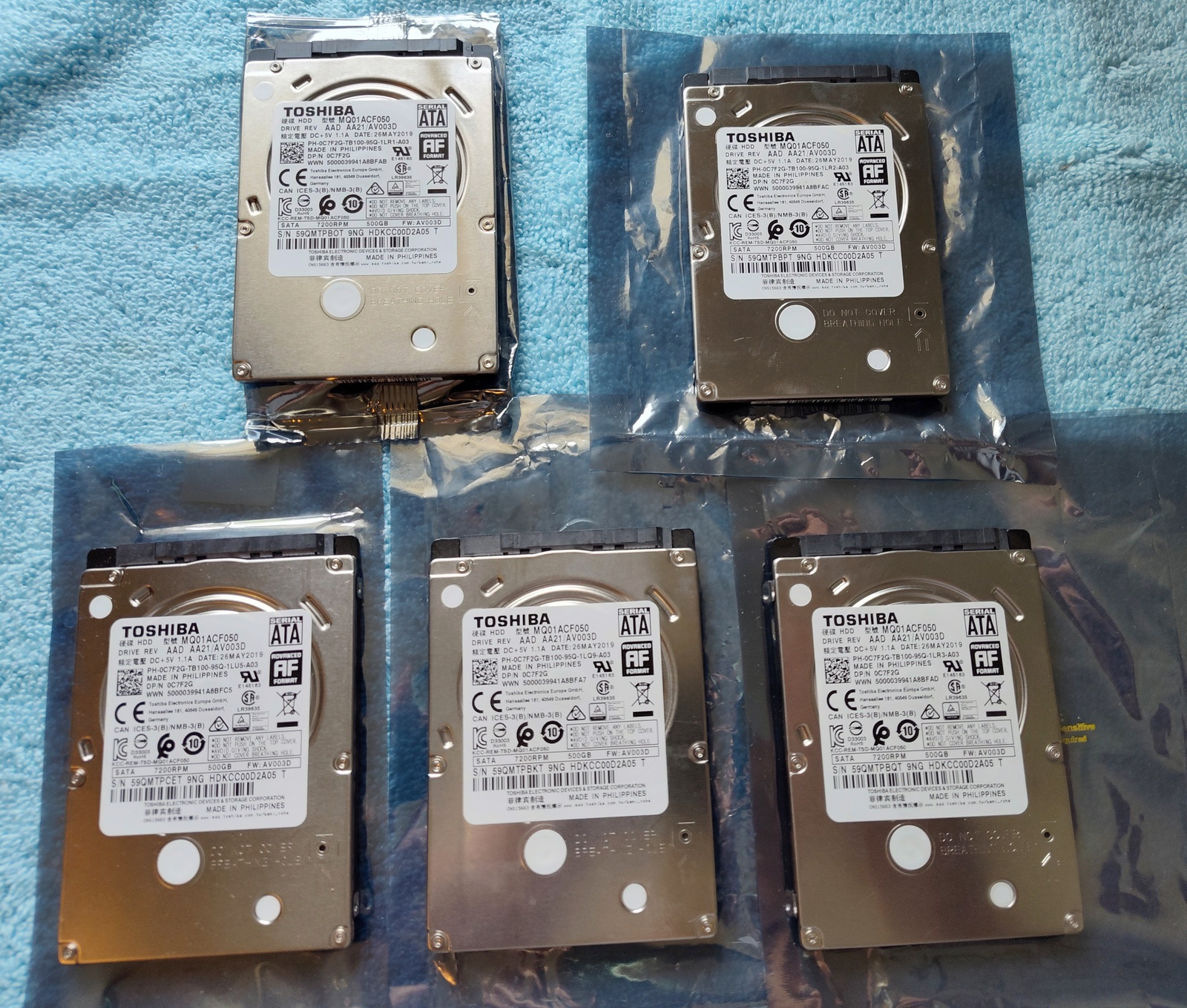 Lot of 5 500GB Notebook Laptop 2.5" SATA Hard Disk Drives Toshiba MQ01ACF050