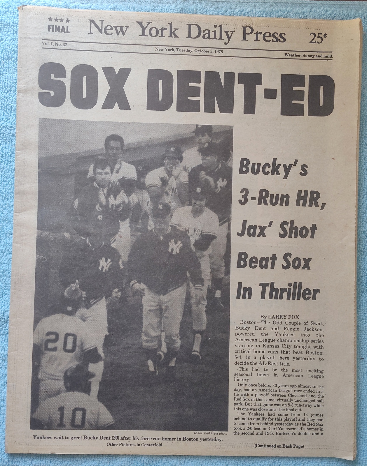 New York Daily Press 3 October 1978 Strike Newspaper Yankees Beat Boston Red Sox
