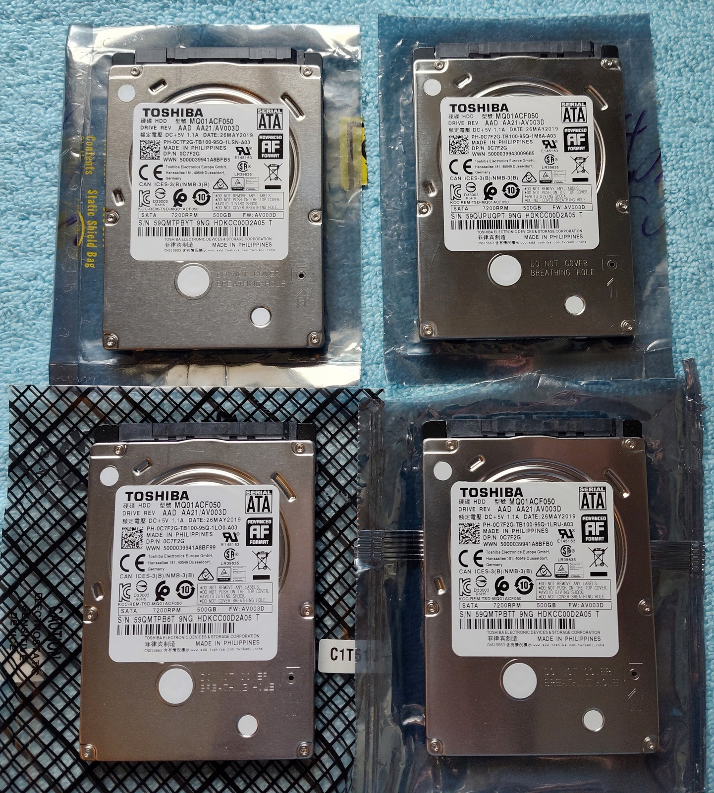 Lot of 4 500GB Notebook Laptop 2.5" SATA Hard Disk Drives Toshiba MQ01ACF050