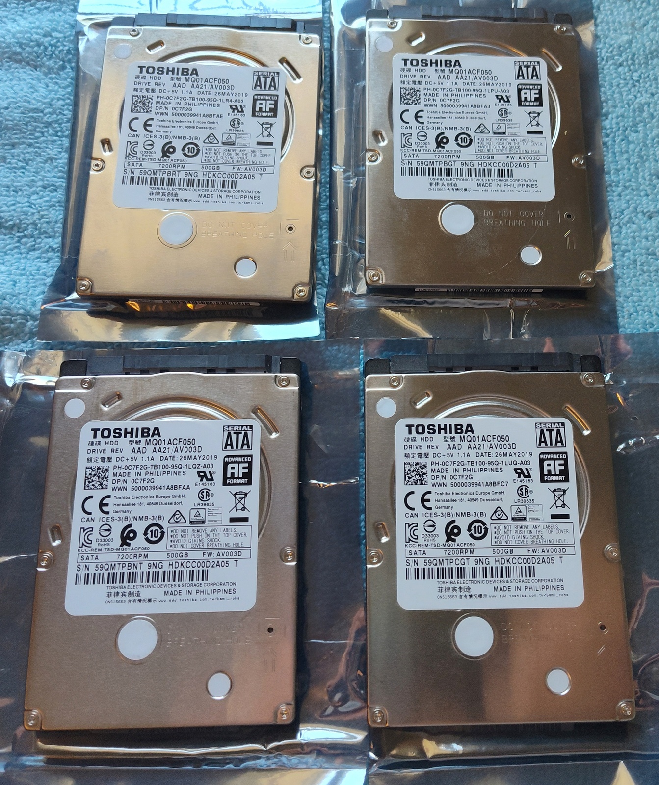 Lot of 4 500GB Notebook Laptop 2.5" SATA Hard Disk Drives Toshiba MQ01ACF050