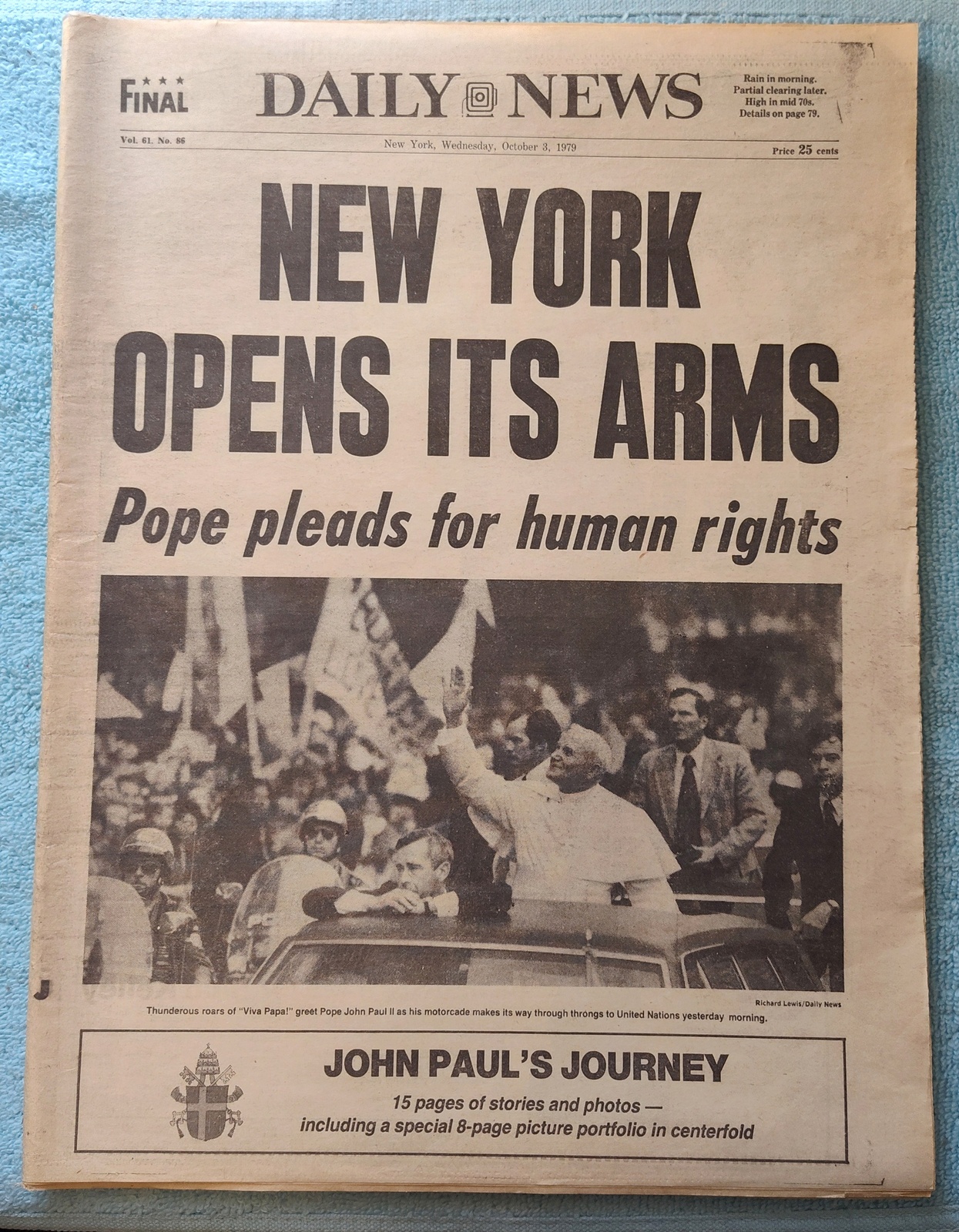 New York Daily News 3 October 1979 Pope John Paul II Visits NYC, Don Sutton ++