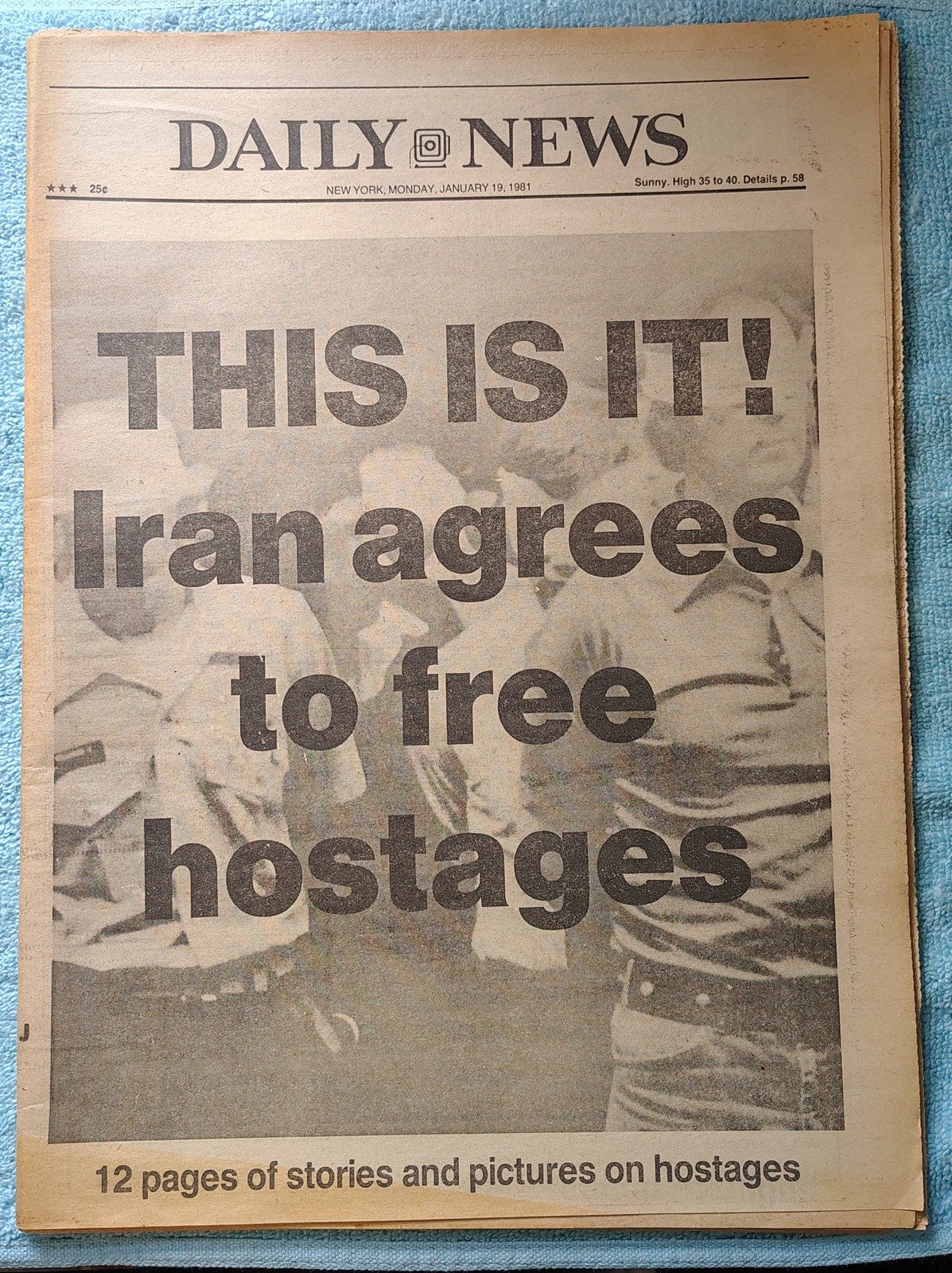 New York Daily News 19 January 1981 Jersey Reagan President Iran Hostages Borg