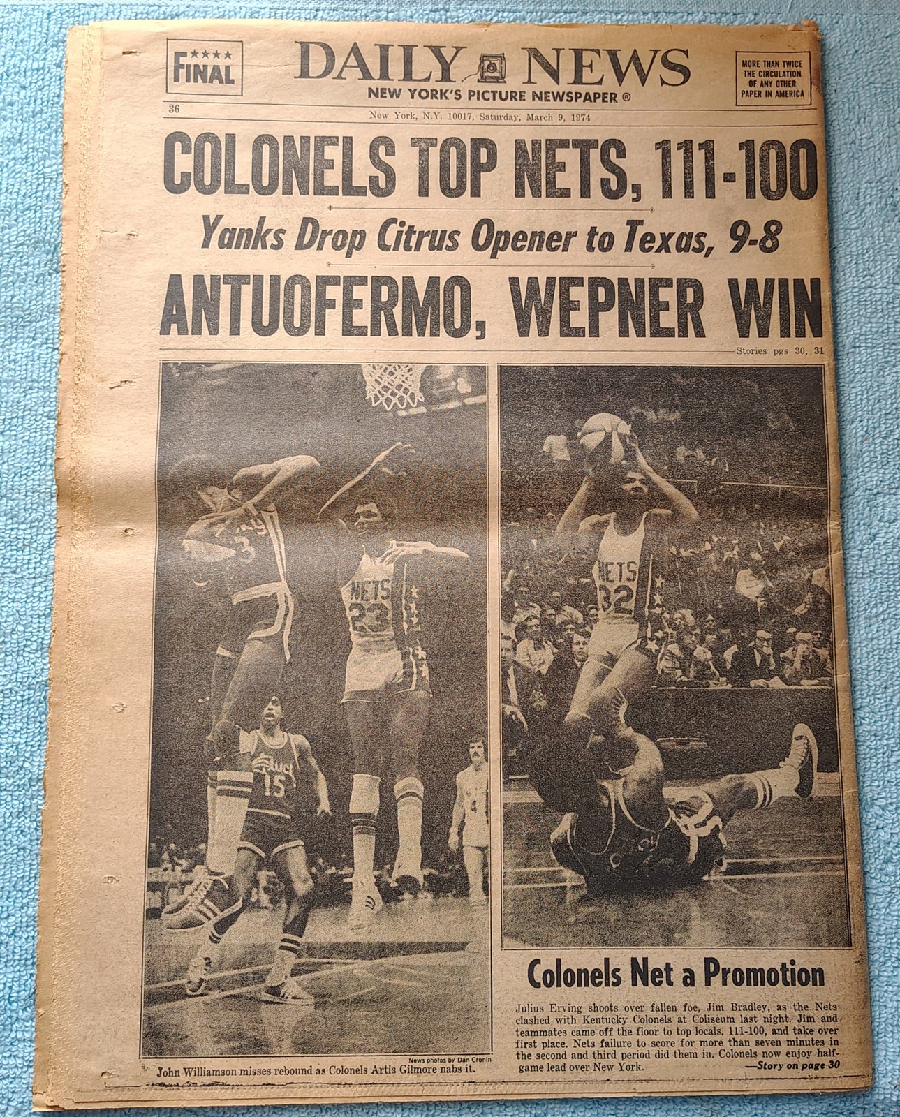 New York Daily News 9 March 1974 Colonels Vs Nets Julius Erving Nixon Streaking+ - Image 3