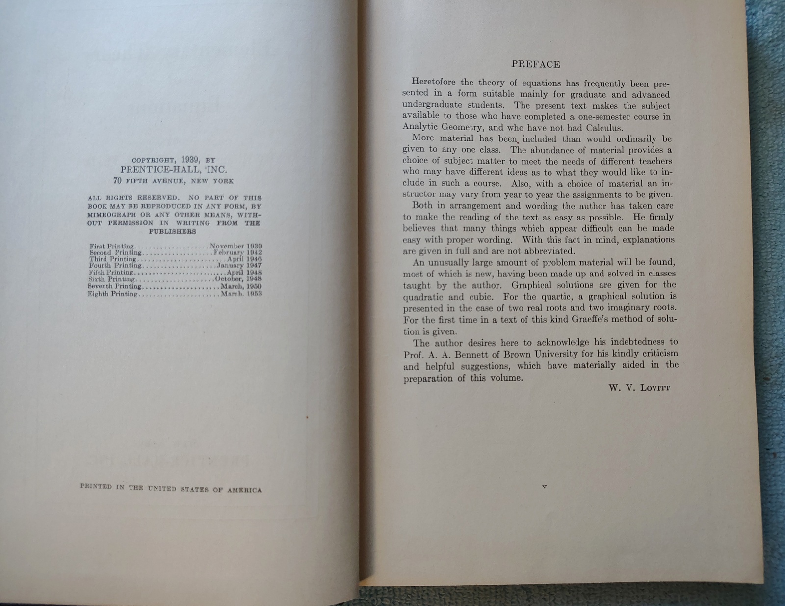 Elementary Theory of Equations Lovitt Hardcover Book 8th 1953 Marilyn Curtis - Image 6