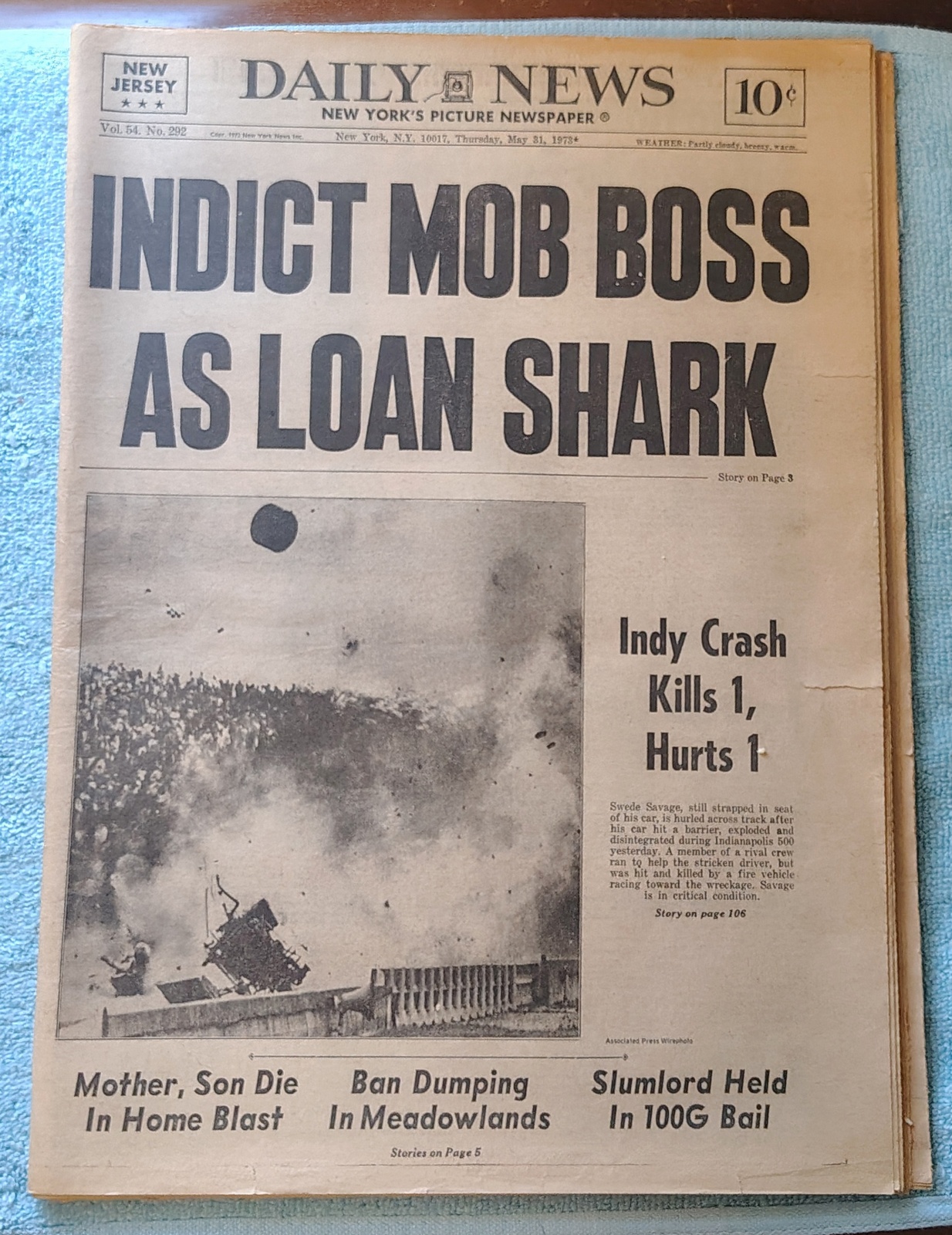New York Daily News 31 May 1973 Indianapolis 500 Crash Fat Tony Mob Boss Indict