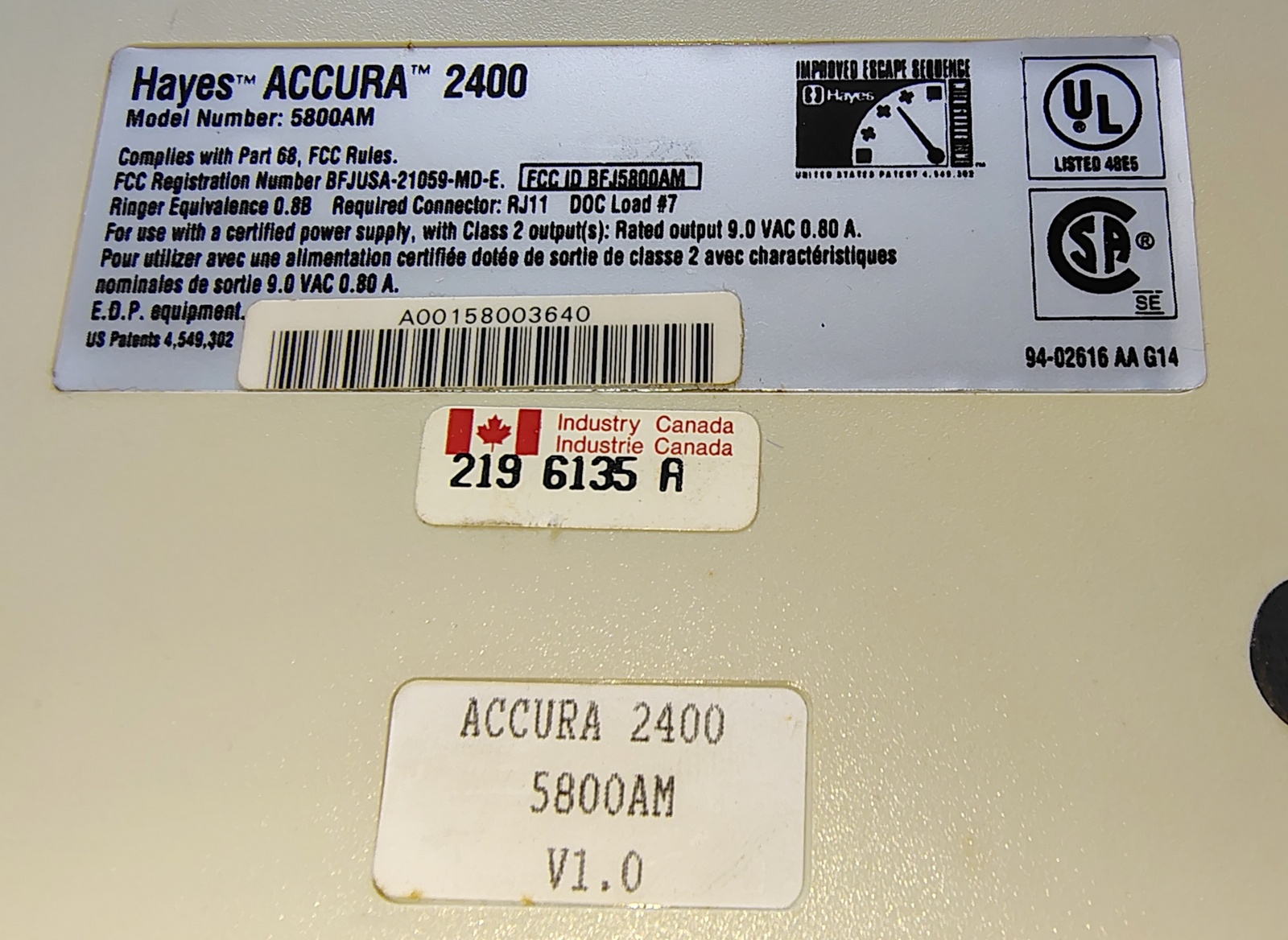 Genuine Hayes Accura 2400 External Modem 5800AM w/ AC Adapter SN A00158003640 - Image 9