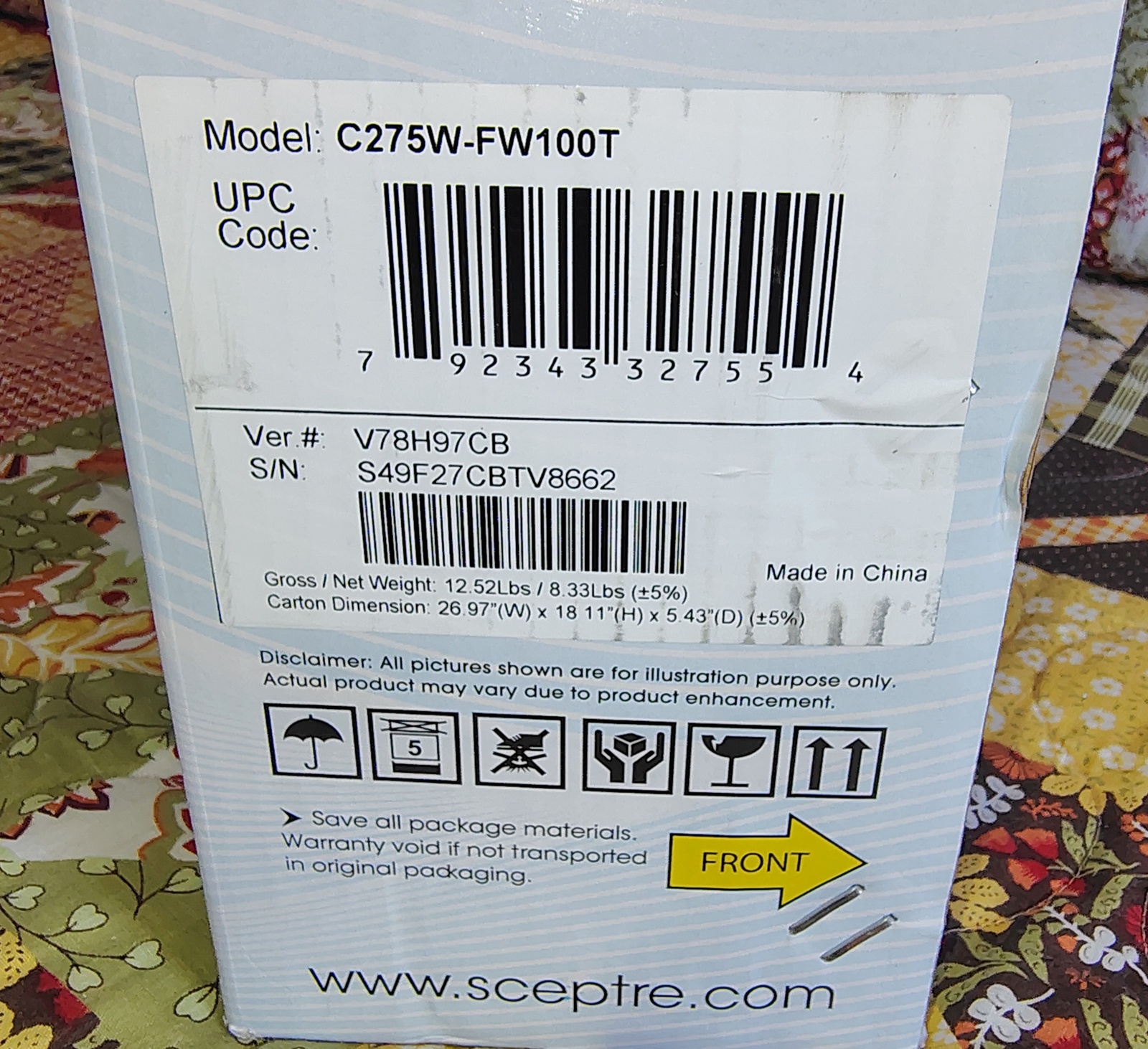 Sceptre C27 Monitor Box & Packaging ONLY C275W-FW100T (No Monitor) - Image 14