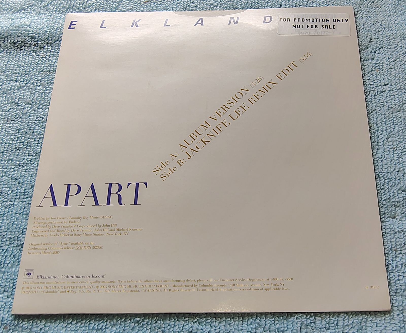 Elkland Apart Promo 7" Vinyl Single 45 RPM Columbia 2005 Jacknife Lee Remix - Image 6