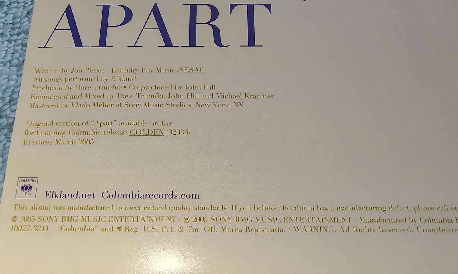 Elkland Apart Promo 7" Vinyl Single 45 RPM Columbia 2005 Jacknife Lee Remix - Image 7