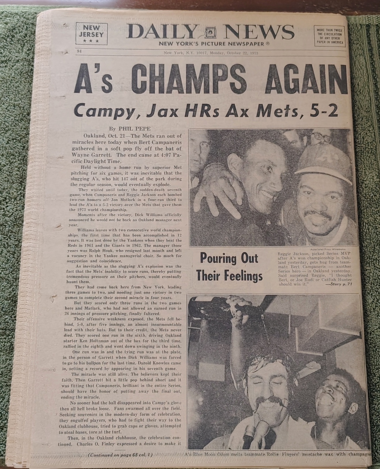 New York Daily News New Jersey Edition October 22 1973 Nixon Impeachment Watergate A's World Series - Image 2